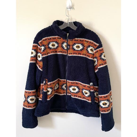 Lucky Brand Western Geo Print Full Zipper Fleece Jacket Navy Blue Brown Large - Picture 3 of 10
